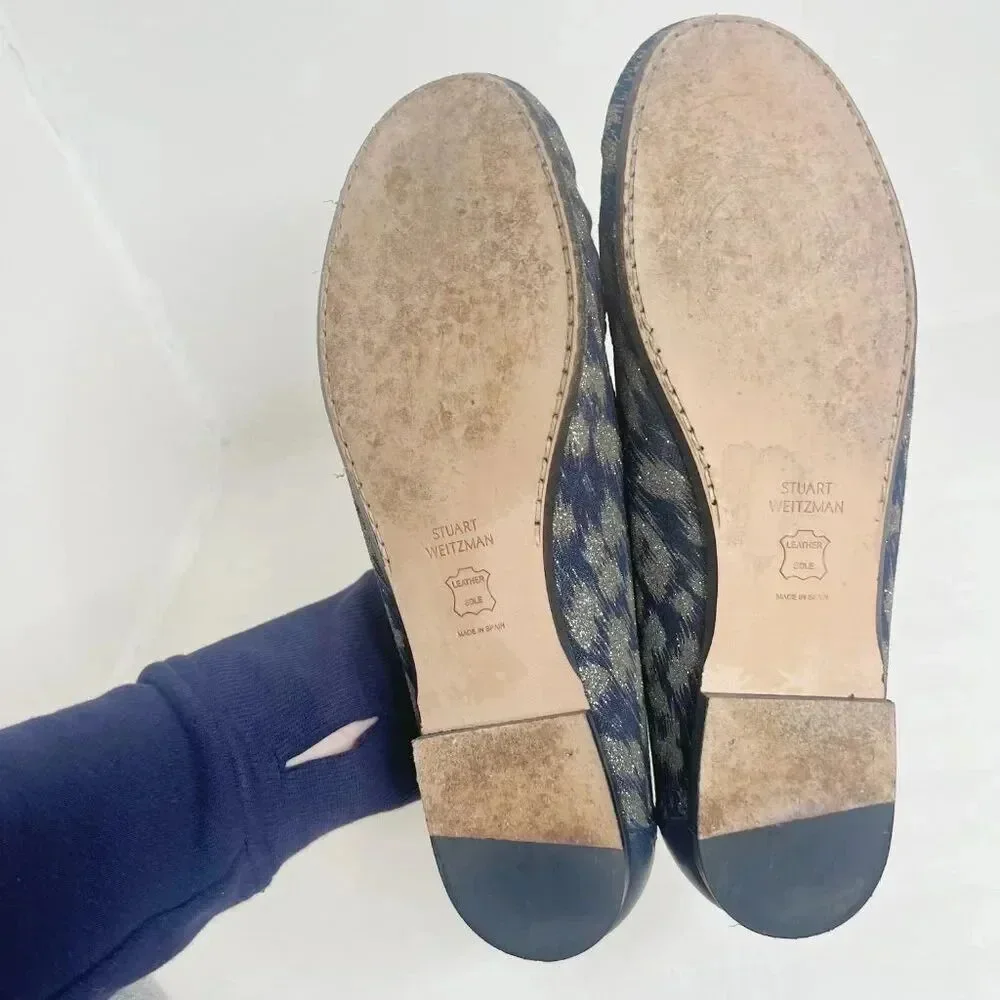 Stuart Weitzman Blue Leather and Gold Glitter Loafer Flats Size 8.5